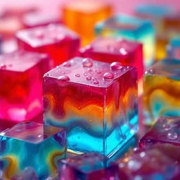 A detailed macro shot of sparkling, translucent jelly cubes infused with botanicals, arranged in a crystal bowl.