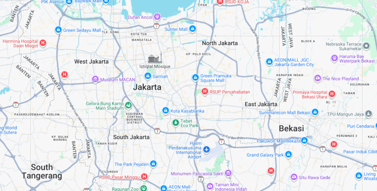 A clean, minimalist map rendering of a stylized urban district in muted seafoam and grey tones. A vibrant electric lavender pin marks the location of Jelly Cafe.