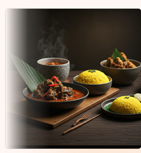 A meticulously styled hero shot of an elegant Indonesian feast laid out on a dark, rustic wooden table.